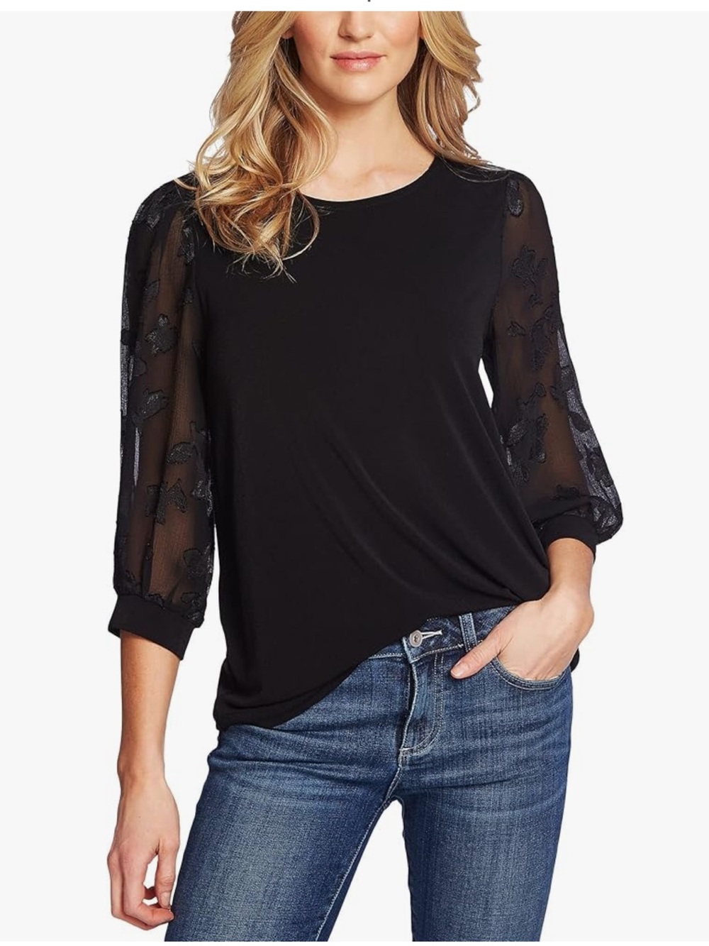 CeCe Black Lace-Sleeve Stretch Crepe Blouse